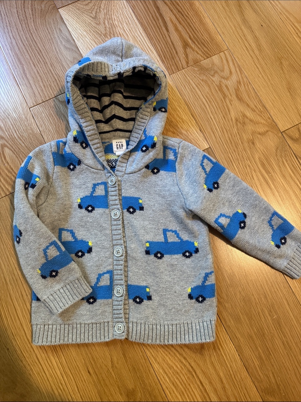 GAP Gray Hooded Cardigan with Blue Truck Pattern